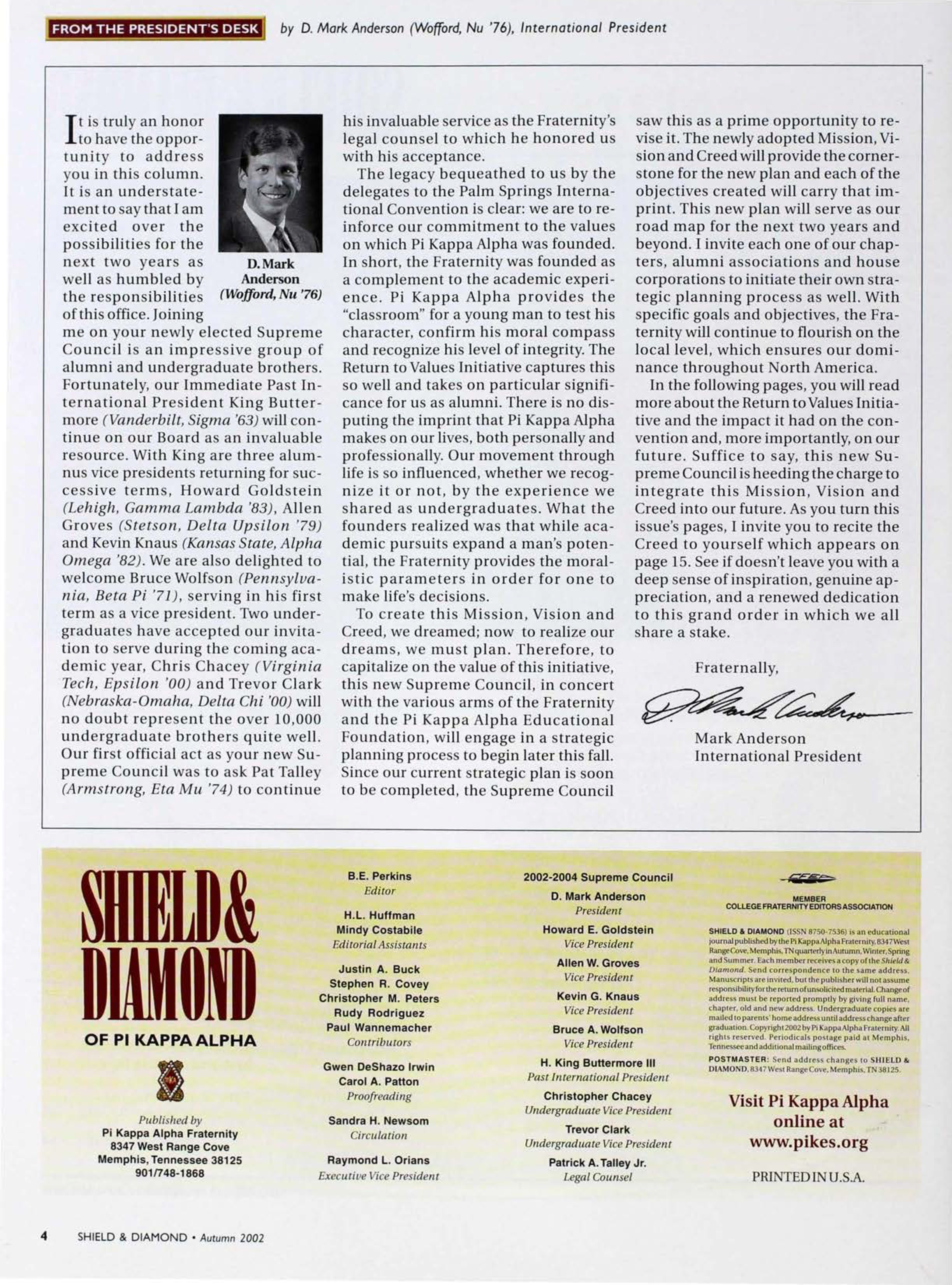 Shield & Diamond of Pi Kappa Alpha, Autumn 2002